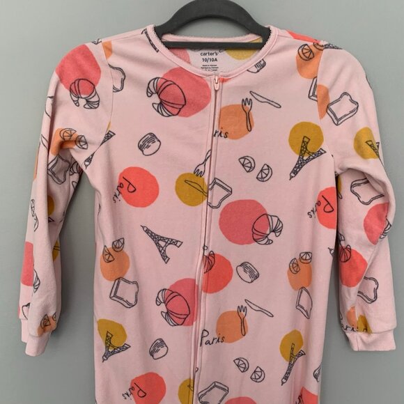 Carters Girls Pink Paris Eiffel Tower Fleece Footed Pajamas One Piece Size 10 - Picture 2 of 5